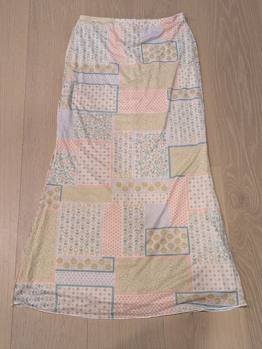 See You Monday Pastel Seashell Patchwork Maxi Skirt in Pink, Mint & Cream